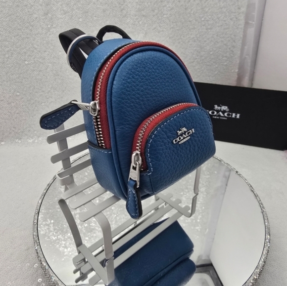 Coach Mini Court Backpack Bag Charm Keychain Blue Pebble Leather - Picture 2 of 15